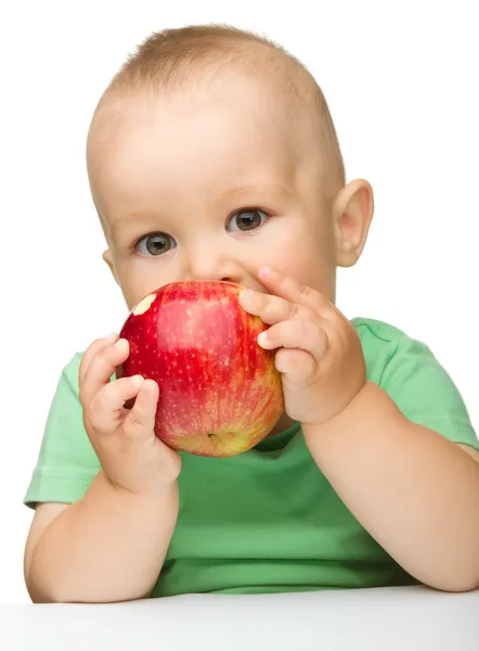 Маленький ребенок ест красное яблоко — стоковое фото
