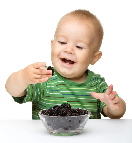 Cheerful little boy is eating blackberry — Stock Photo, Image
