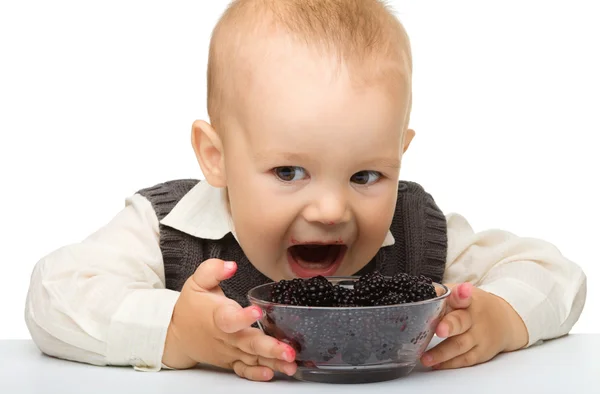 Kleine jongen is het eten van blackberry — Stockfoto