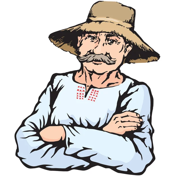 Dorp landbouwer man in stro hoed — Stockvector