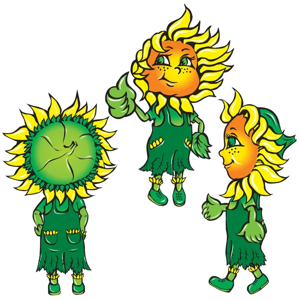 Grappige gestileerde zonnebloemen in het groen — Stockvector