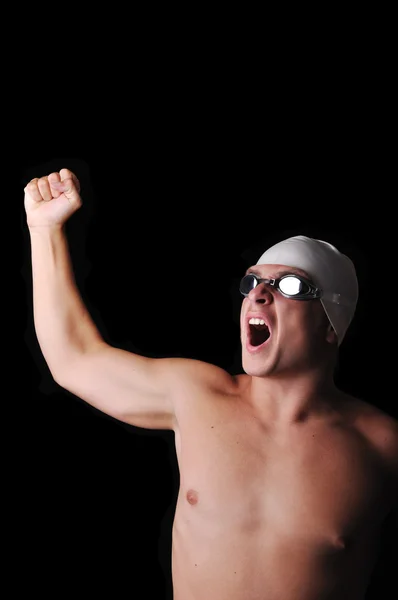Male swimmer celebrate isolated in black — Stock Photo, Image