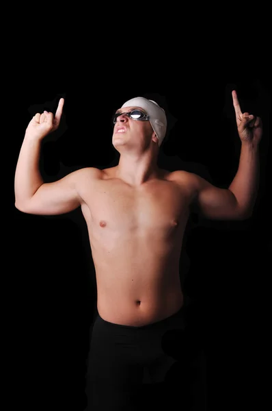 Maschio nuotatore celebrare isolato in nero — Foto Stock