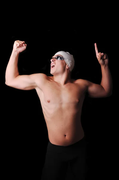 Male swimmer celebrate isolated in black — Stock Photo, Image