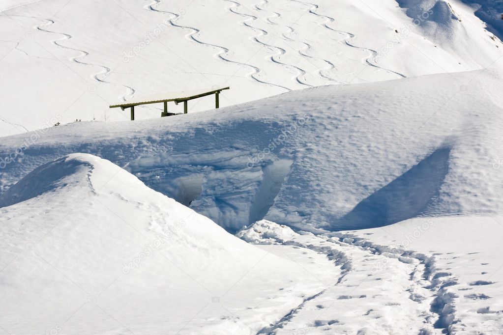 Snowboard tracks in alps snowscape