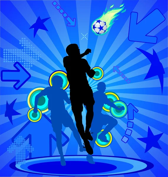 Soccer players silhouette and ball on the blue — Stock Vector
