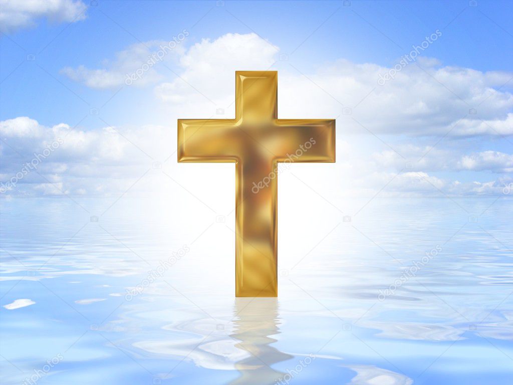 Gold cross on water