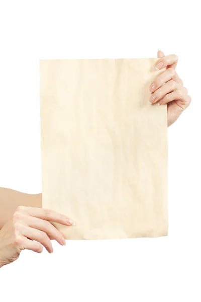 Hoja limpia de papel en manos femeninas — Foto de Stock