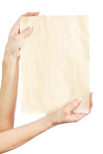 Papír čistý list v ženských rukou — Stock fotografie