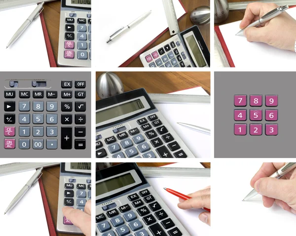 Collage, rekenmachine, papier en pen — Stockfoto
