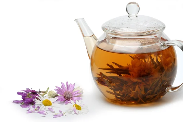 Teekanne mit blumigem Tee und Blüten von Gänseblümchen und Klee — Stockfoto