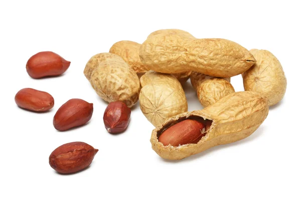 Ořechy, arašídy ve skořápce na bílém pozadí — Stock fotografie