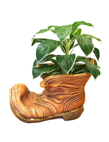 Keramikvase - der alte verschlissene Schuh mit künstlichen Blumen — Stockfoto