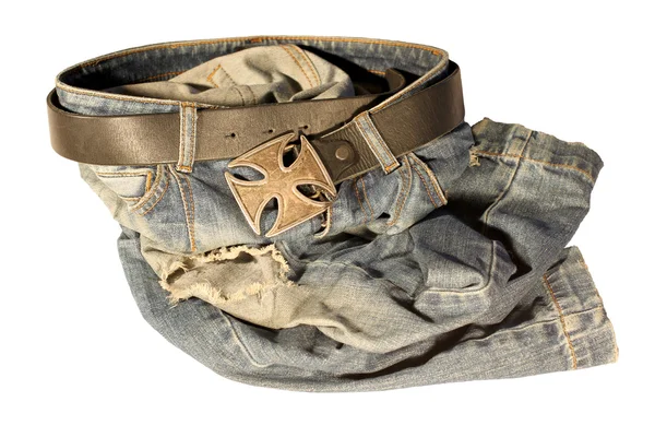 Jeans mit altem Lederriemen und Schnalle die alte Bronz — Stockfoto