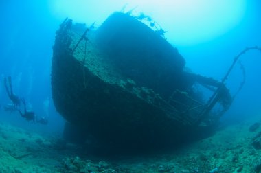 Scuba divers on a large shipwreck clipart