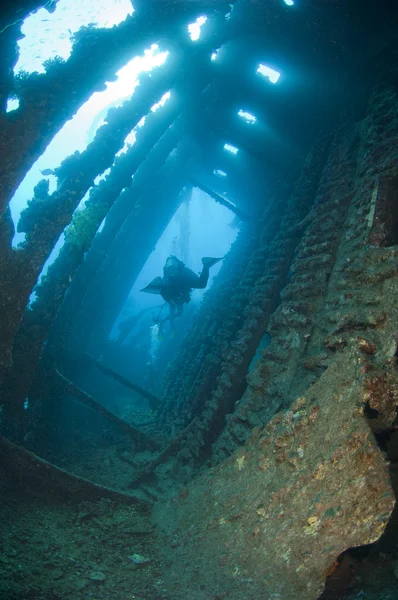 Divers exploring a large shipwreck — Stock Photo, Image