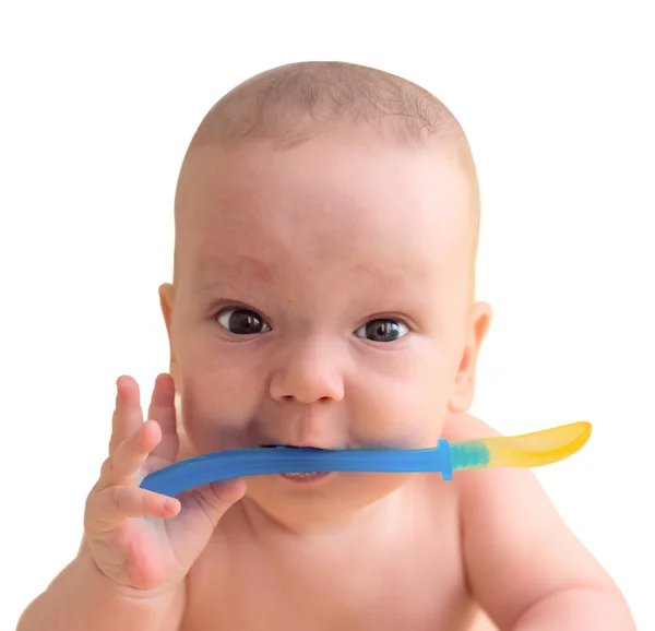 Baby boy learns to eat with a spoon — Stock Photo, Image