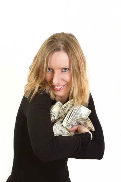 Junge Frau versteckt Dollars und hat gieriges Gesicht — Stockfoto