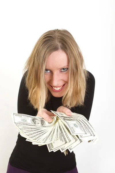 Jovem mulher com a gente dólares e ganancioso sorriso — Fotografia de Stock