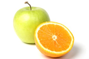 Green apple and half of orange. W. clipping path clipart