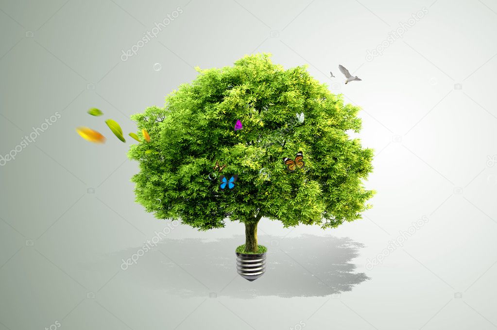 Green tree growing out of a bulb