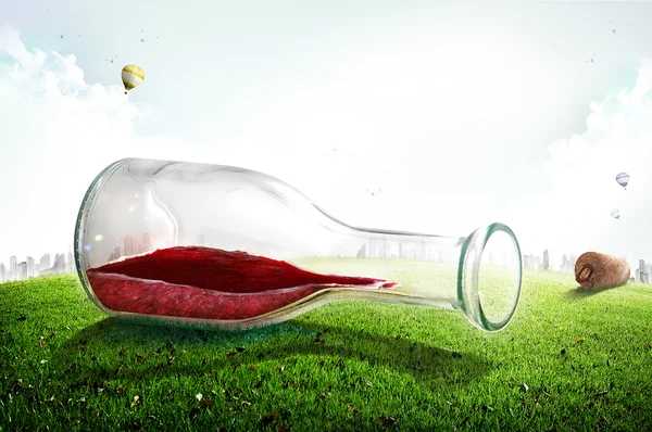 Glass bottle with wine on green grass — Stock Photo, Image