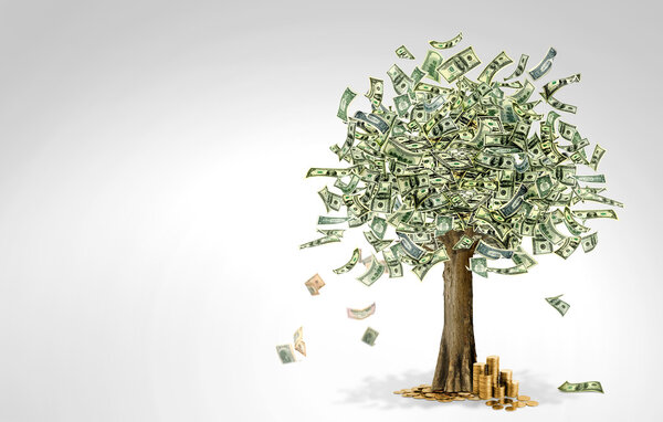 Money tree made of hundred dollar bills