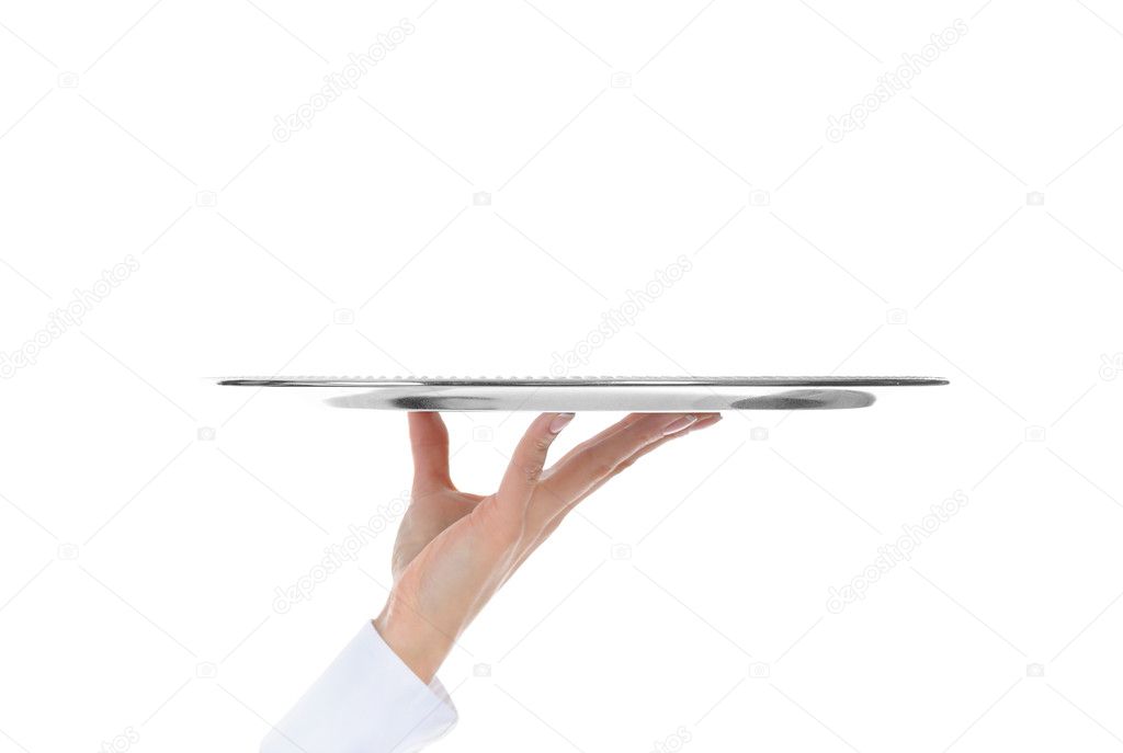 Waiter holding empty silver tray