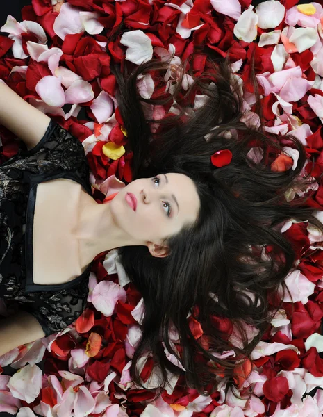 Beautiful brunette in red rose petals — Stock Photo, Image