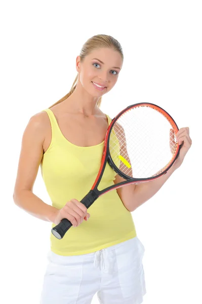 Bir tenis raketi ile güzel bir kadın. — Stok fotoğraf