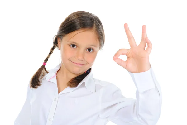 Kleines Mädchen zeigt Zeichen okay — Stockfoto