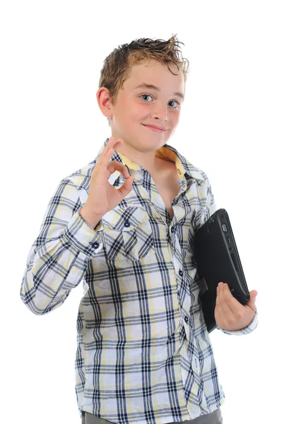 Happy little boy with laptop. — Stock Photo, Image