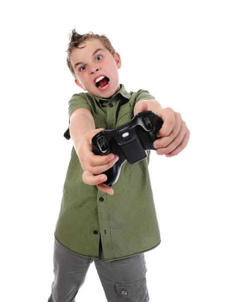 Funny boy med en joystick — Stockfoto