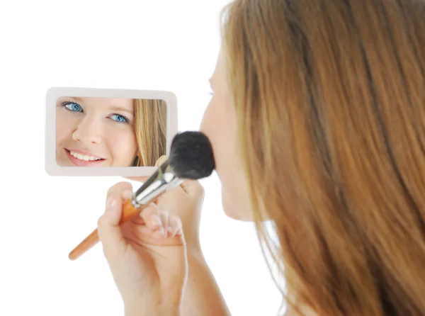 Woman with a powder and brush — Stock Photo, Image