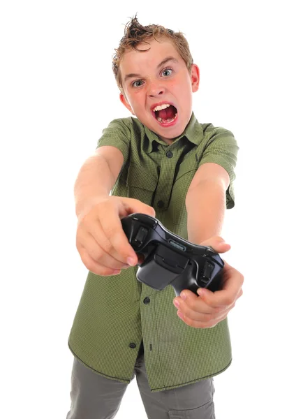 Funny boy with a joystick — Stock Photo, Image