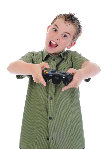 Rapaz engraçado com um joystick — Fotografia de Stock
