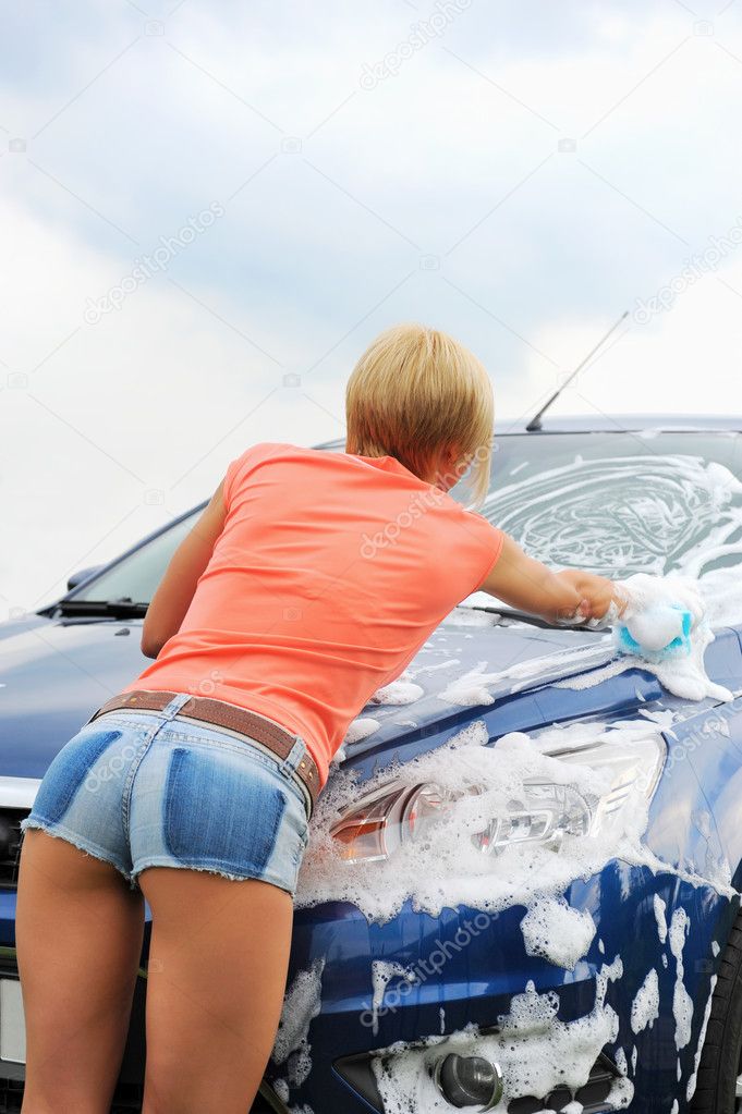 Woman Washes Her Car Stock Photo Lebval