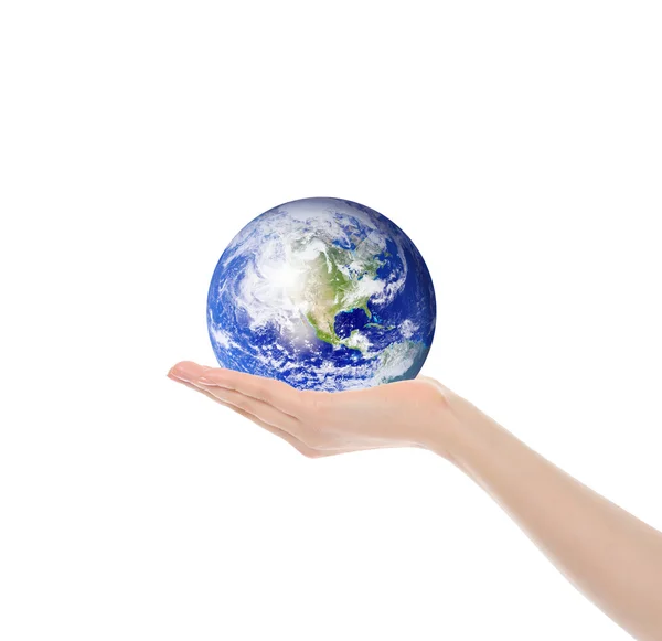 Planet Erde in weiblicher Hand Stockfoto