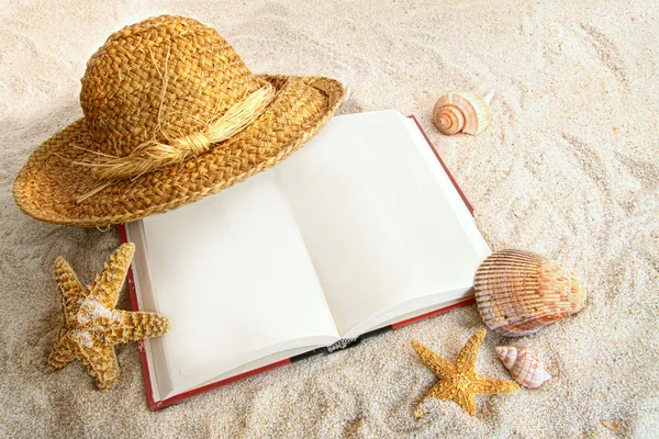 Livro com chapéu de palha e conchas na areia — Fotografia de Stock