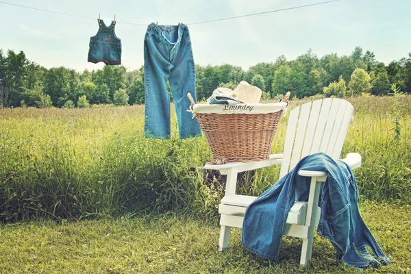Jeans hanging on clothesline on a summer afternoon — Stock Photo, Image
