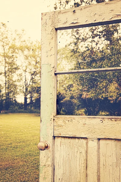 Old peeling door with landscape — Stock Photo, Image