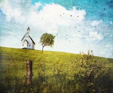 Old country school house on a hill clipart