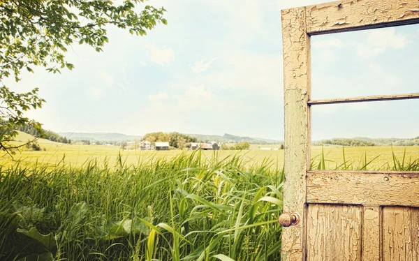 Stare drzwi peelingu z krajobrazu wiejskiego — Zdjęcie stockowe