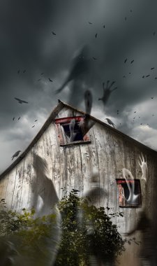 Haunted barn with ghosts flying and dark skies clipart