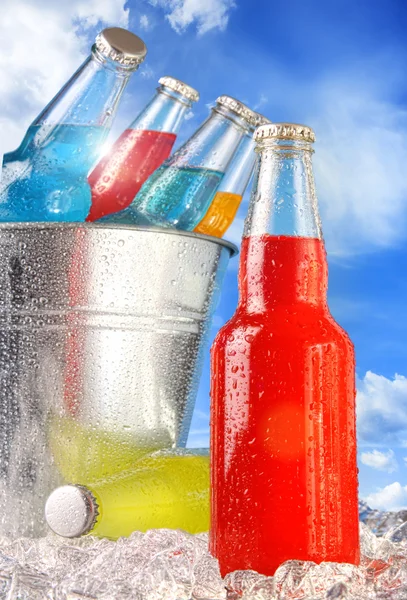 Close-up view of bottles with ice — Stock Photo, Image