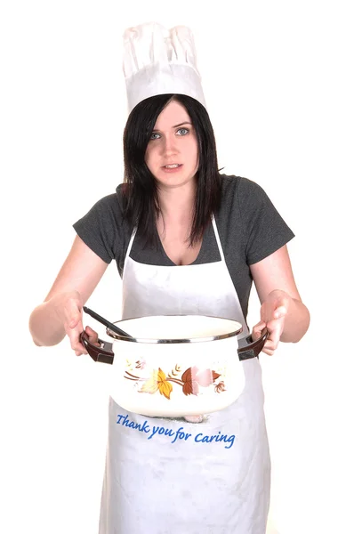 Dívka s cook hrnec. — Stock fotografie