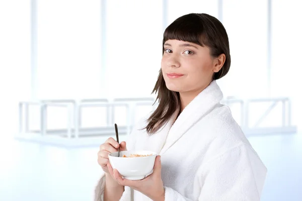 Modern office young girl morning — Stock Photo, Image