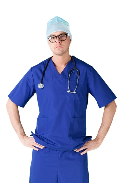 Sfondo bianco giovane uomo medico — Foto Stock