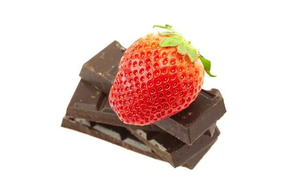 Strawberry on the mountain of chocolate isolated on white — Stock Photo, Image