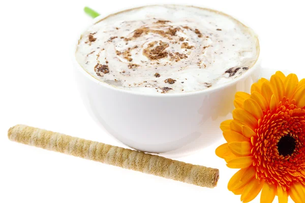 Cappuccino-Waffelrollen und eine Blume isoliert auf weiß — Stockfoto